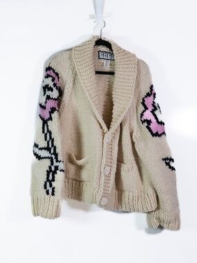 GoGo Sweaters Flower Jacket Wool Chunky Knit Cardigan Vanilla Pink One Size
